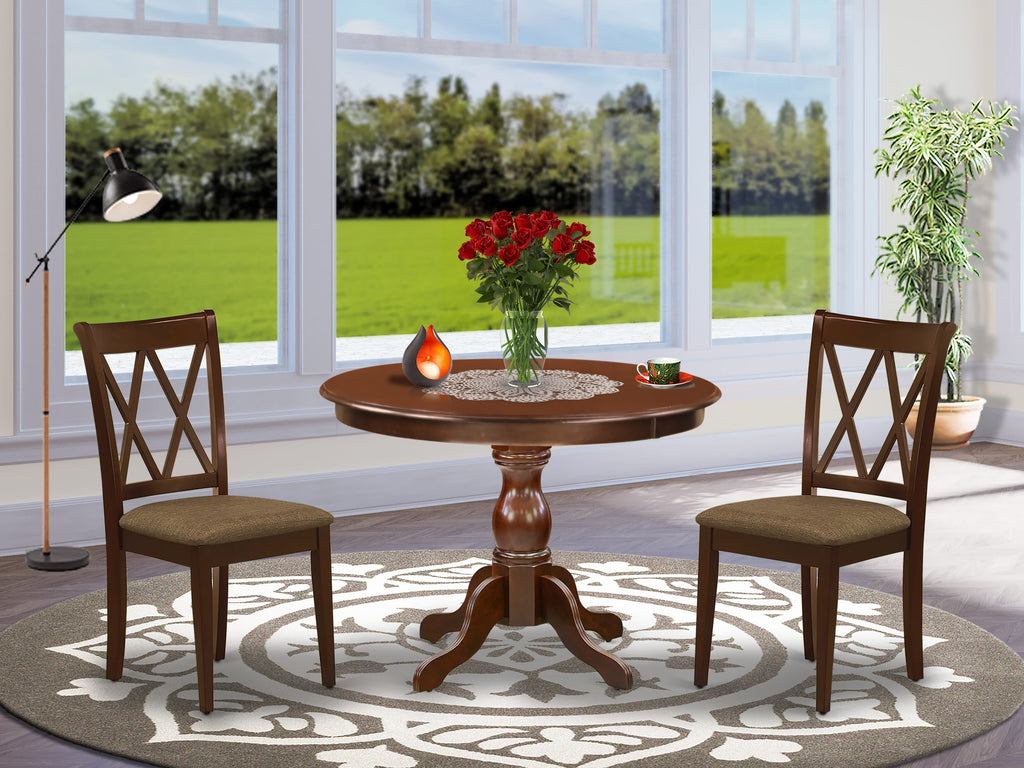 HBCL3-2OC-O Compact 3-Piece Dining Ensemble with Pedestal Round Table and Two Upholstered Seats, 42 Mahogany Finish