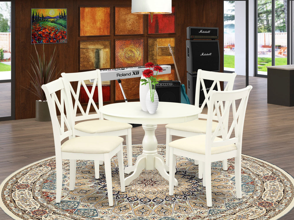 HBCL5-VOH-7 Elegant 5 Piece Dining Ensemble with Round Table and 4 Fabric Chairs, Linen White, 42
