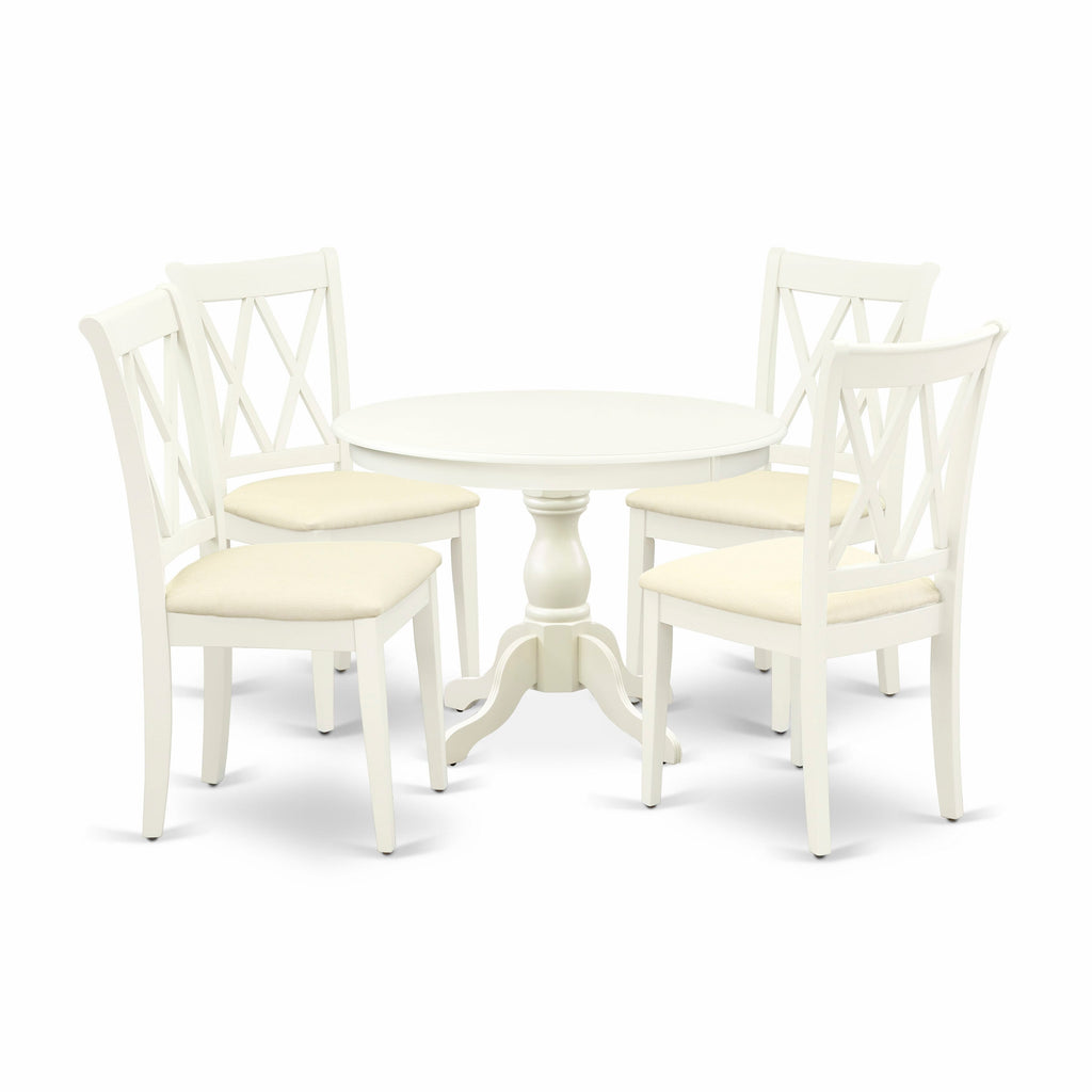 HBCL5-VOH-7 Elegant 5 Piece Dining Ensemble with Round Table and 4 Fabric Chairs, Linen White, 42