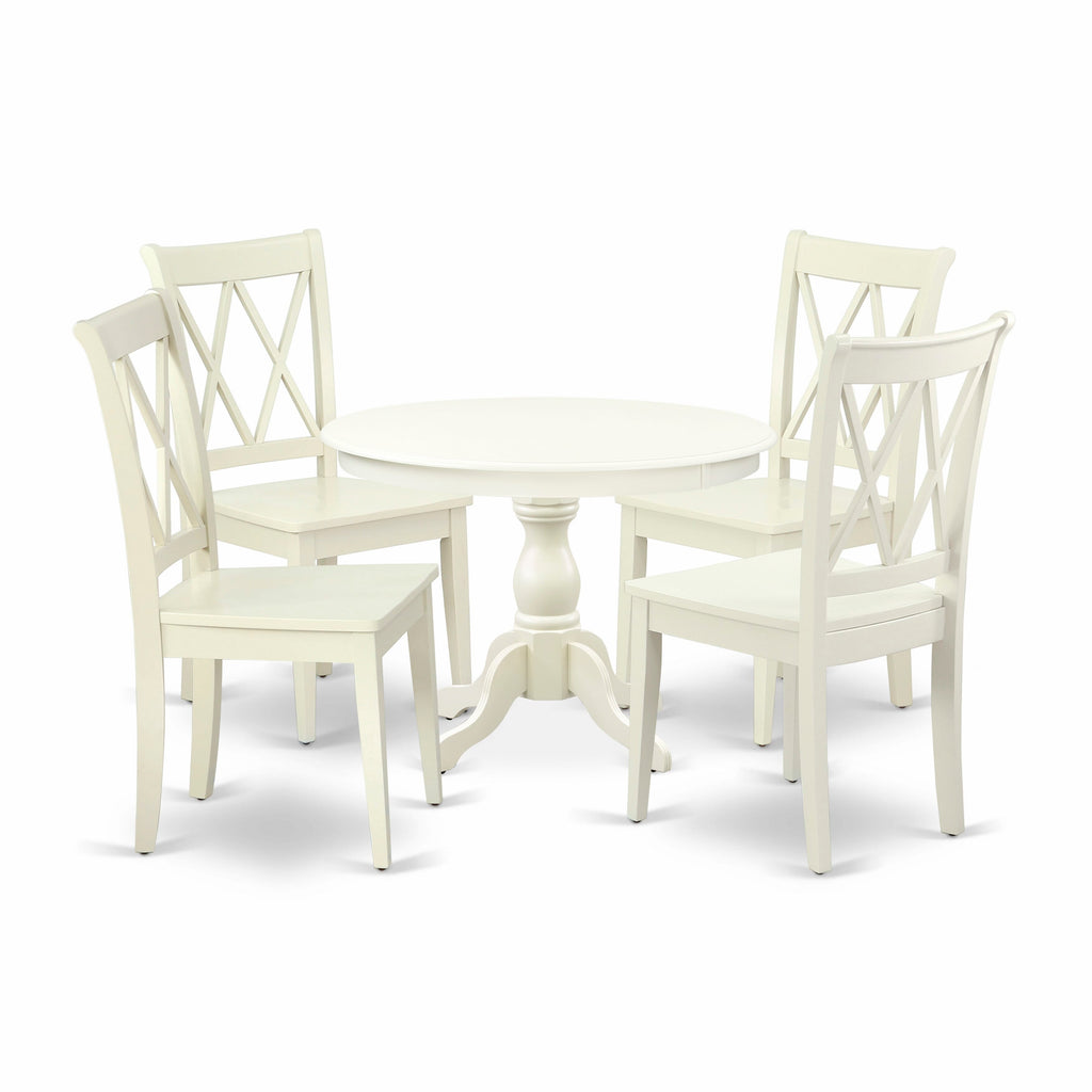 HBCL5-J46-0 5-Piece Dining Ensemble Round Pedestal Table and Four Chairs, 42 Linen White Design