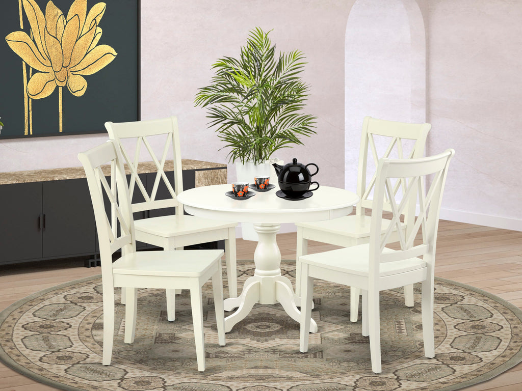 HBCL5-J46-0 5-Piece Dining Ensemble Round Pedestal Table and Four Chairs, 42 Linen White Design