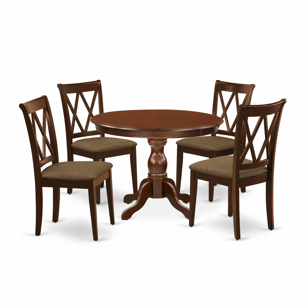 HBCL5-0MV-D Enchanting 5-Piece Dining Ensemble with Round Pedestal Table and Upholstered Chairs, 42 Mahogany Finish