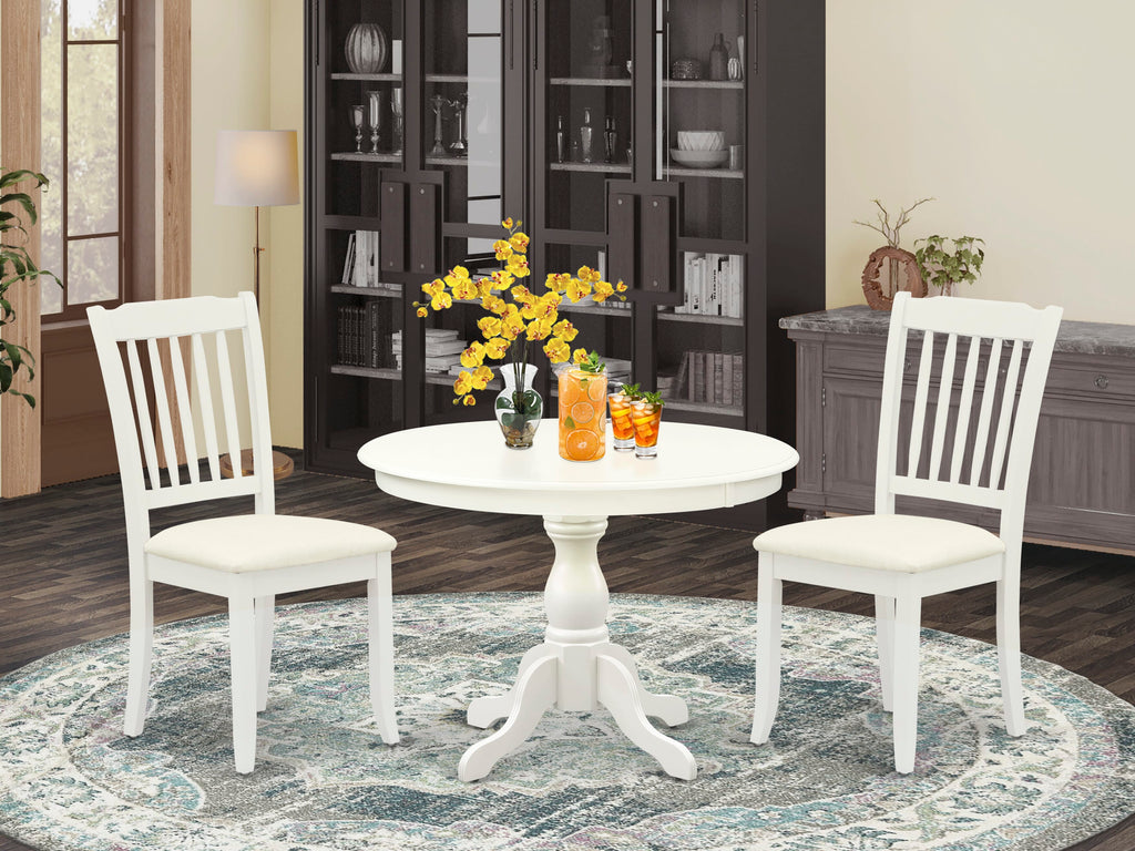 3F91B-HBDA3 Elegant Dining Ensemble 3-Piece Set with Round Table & Upholstered Chairs, Linen White