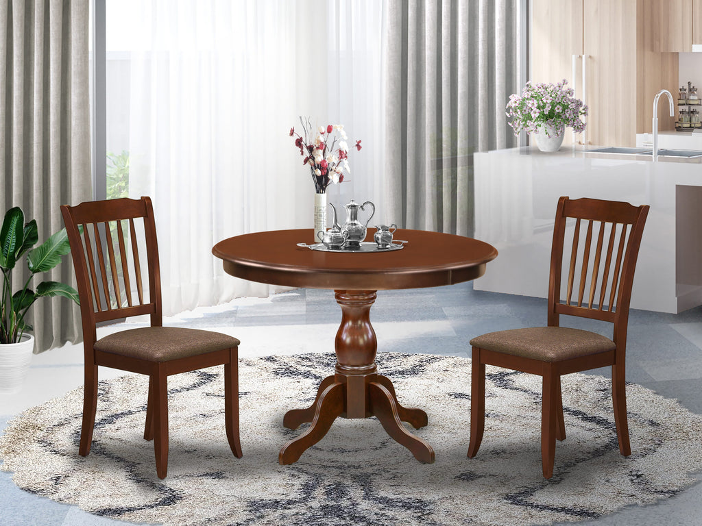 HBDA3-5CE-K 3-Piece Mahogany Dining Ensemble with Round Pedestal Table and Pair of Upholstered Linen Chairs, 42x42 Inch