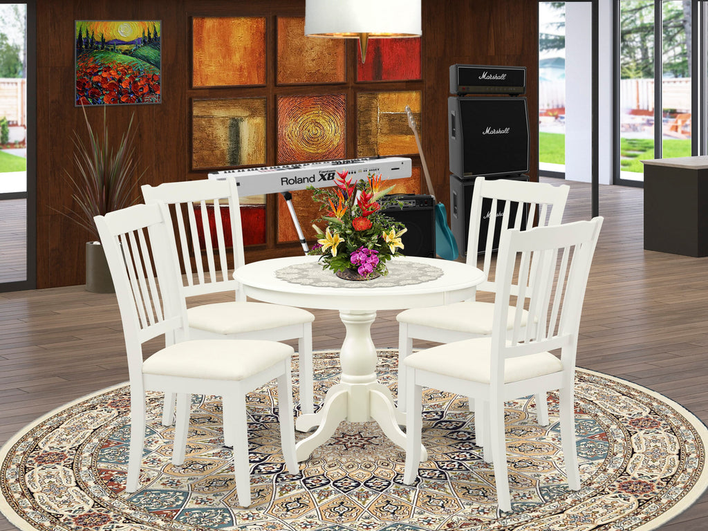 Explore HBDA5-QYK-7 5 Piece Dining Ensemble with Round Table & 4 Chairs in Linen White Finish