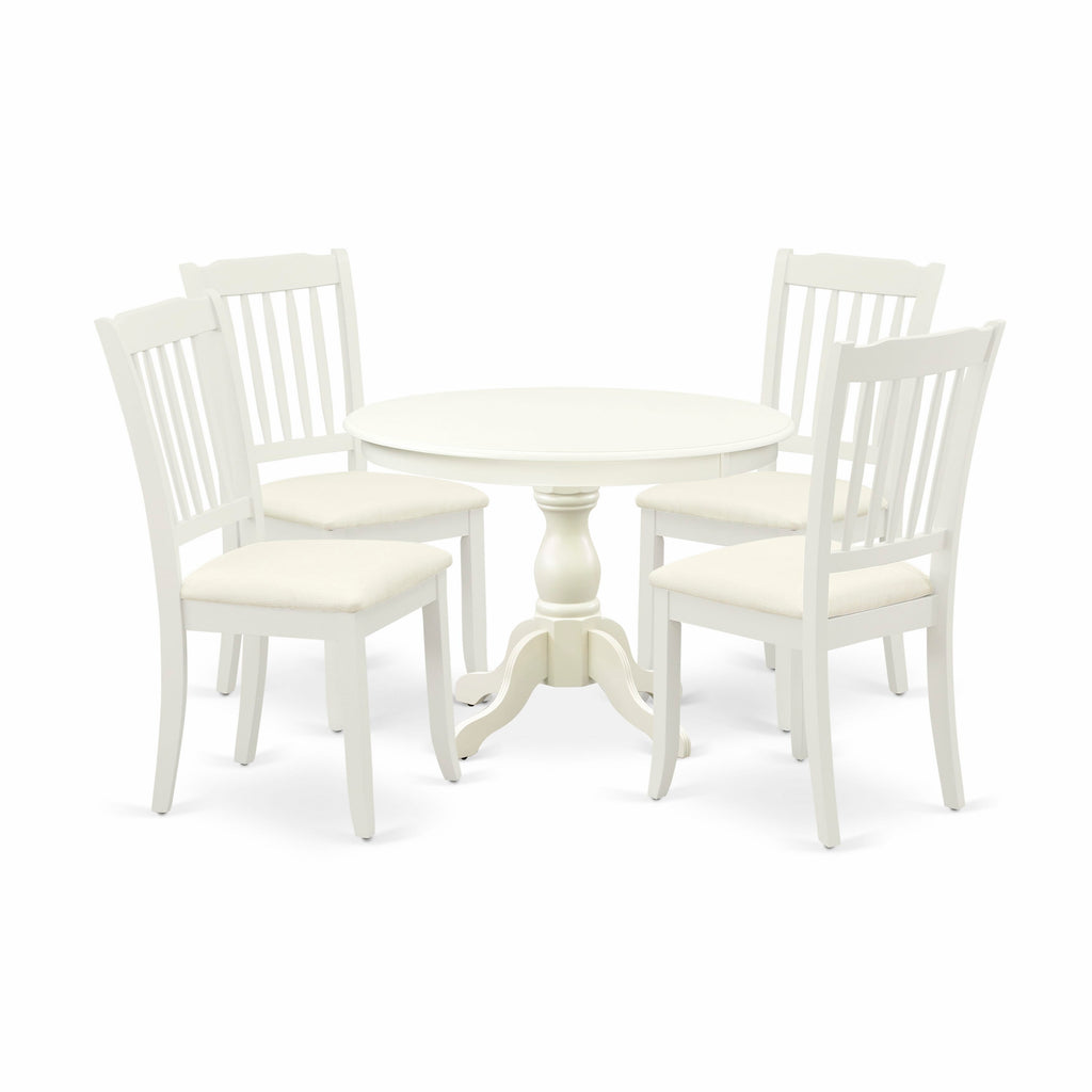 Explore HBDA5-QYK-7 5 Piece Dining Ensemble with Round Table & 4 Chairs in Linen White Finish