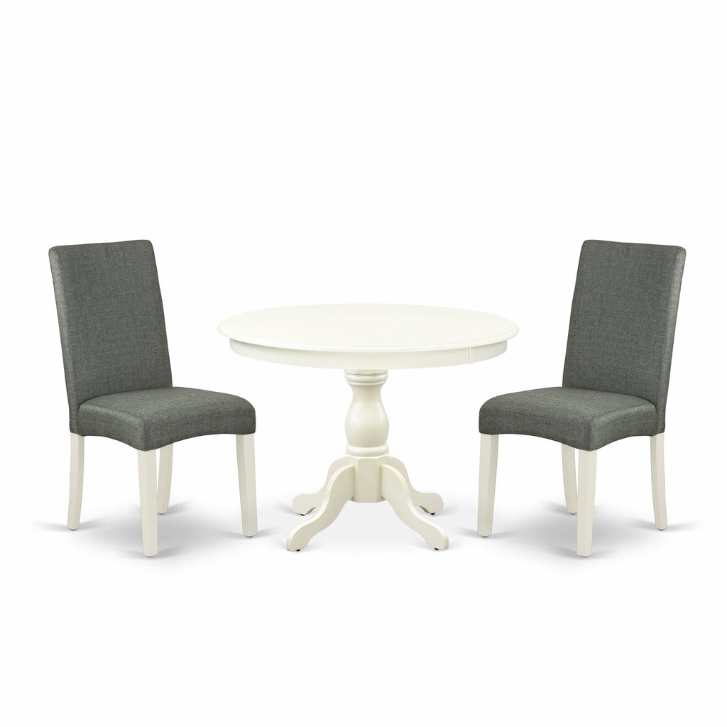 HBDR3-COL-C2 Classic 3 Piece Set with Round Dining Table & 2 Upholstered Parson Chairs, Linen White