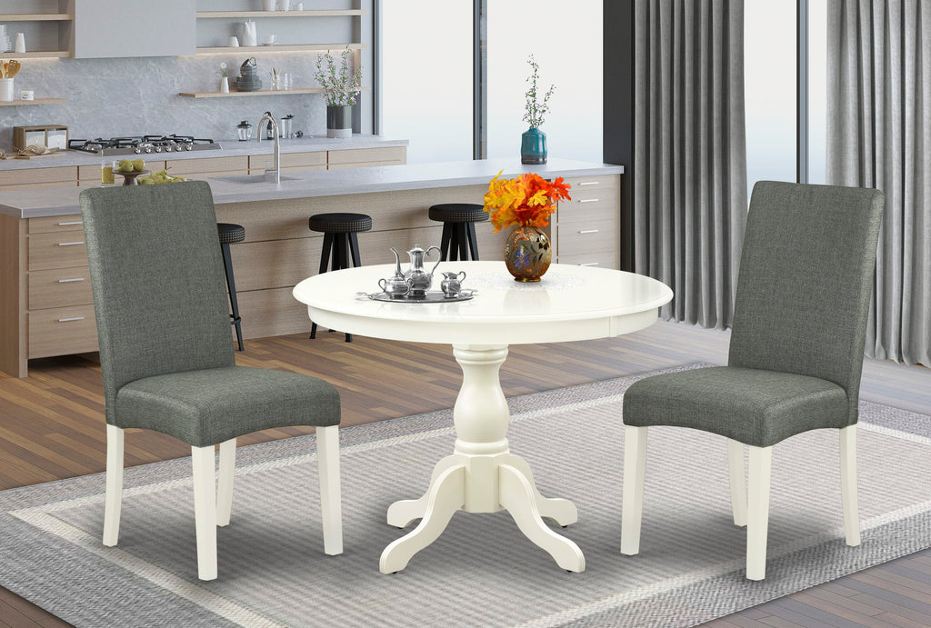 HBDR3-COL-C2 Classic 3 Piece Set with Round Dining Table & 2 Upholstered Parson Chairs, Linen White