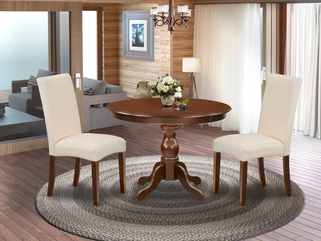 HBDR3-W0L-XD 3-Piece Set Round Table with Pedestal & Two Linen Chairs, Mahogany Finish