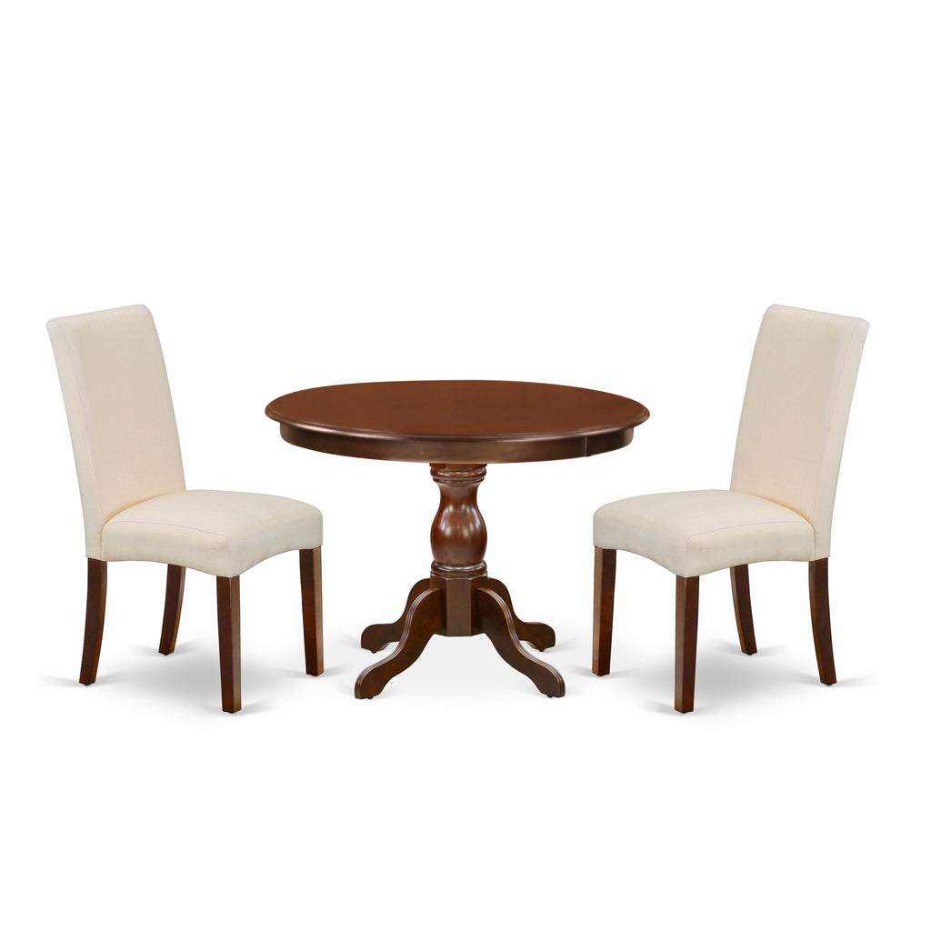 HBDR3-W0L-XD 3-Piece Set Round Table with Pedestal & Two Linen Chairs, Mahogany Finish