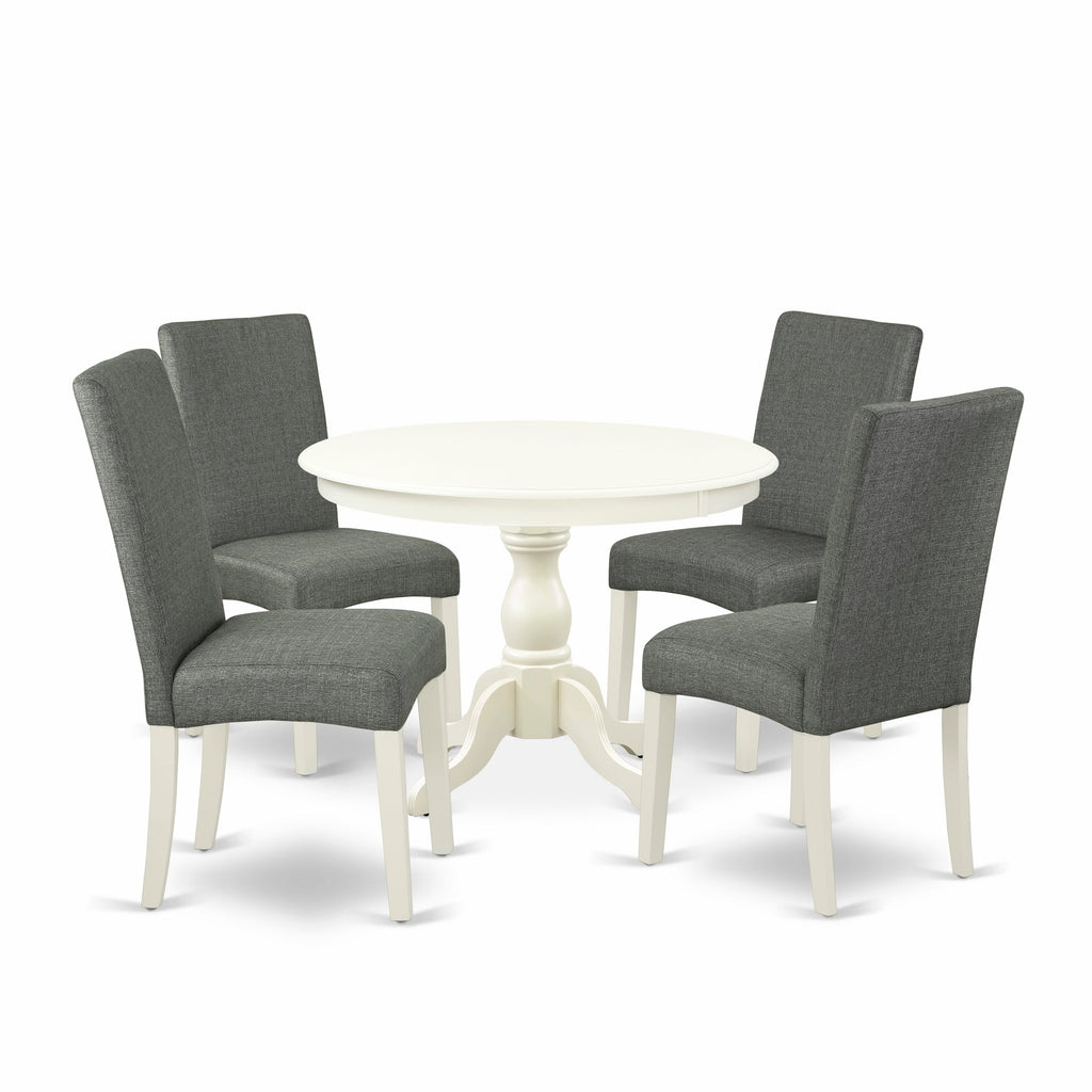 Dining Set HBDR5-AQT-A9 5-Piece Kitchen Ensemble with Pedestal Table & 4 Grey Fabric Chairs, 42 Linen White