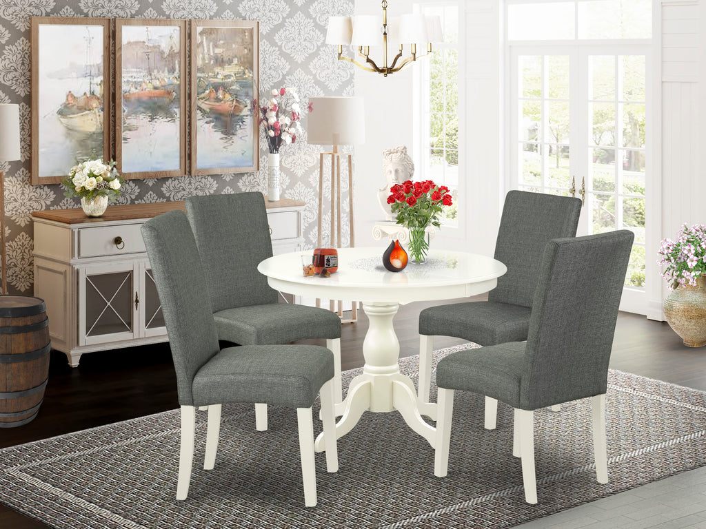 Dining Set HBDR5-AQT-A9 5-Piece Kitchen Ensemble with Pedestal Table & 4 Grey Fabric Chairs, 42 Linen White