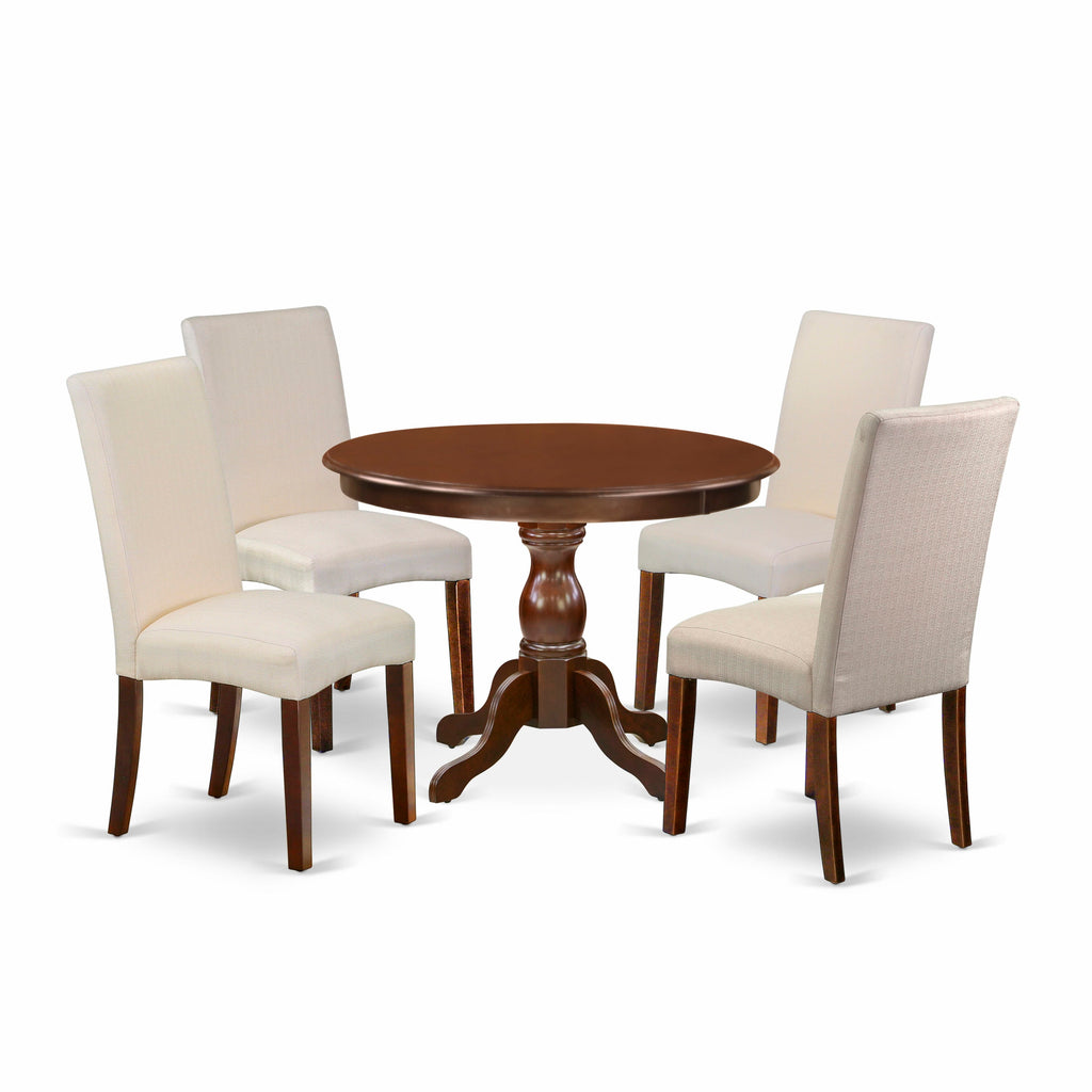 HBDR5-FUB-6P Elegant 5-Piece Dining Set with Pedestal Table and Cream Parson Chairs