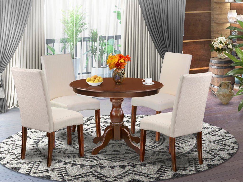HBDR5-FUB-6P Elegant 5-Piece Dining Set with Pedestal Table and Cream Parson Chairs
