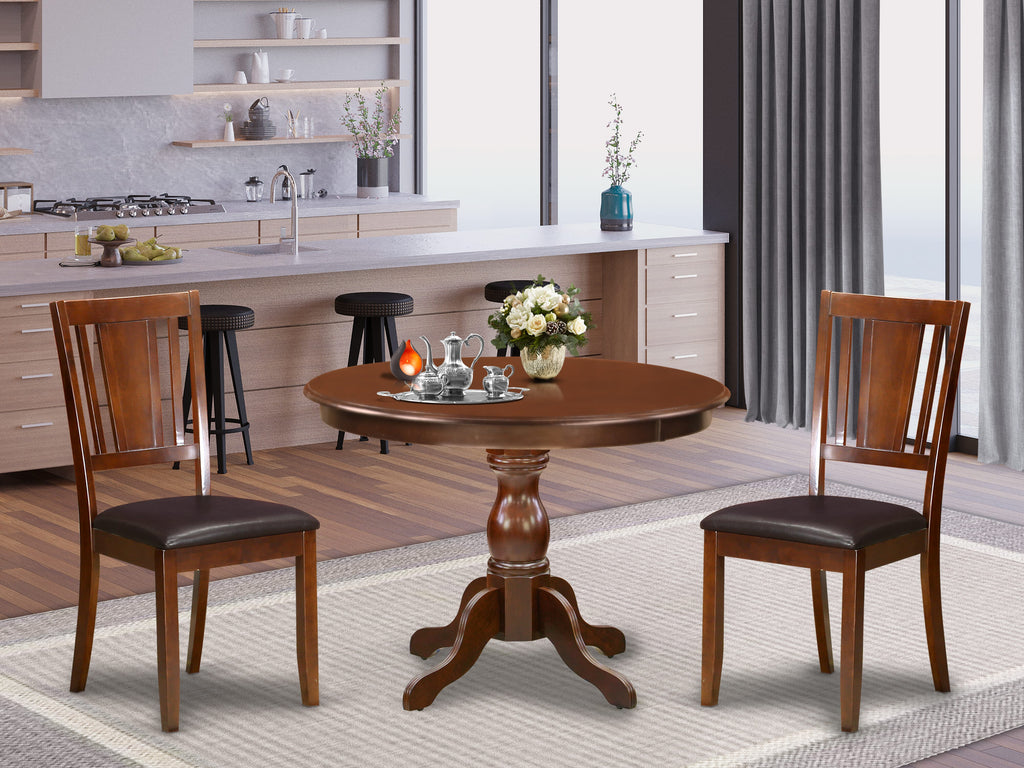 HBDU3-QTT-B - 3-Piece Dining Ensemble with 42 Round Pedestal Table and 2 Linen Upholstered Chairs - Mahogany Finish