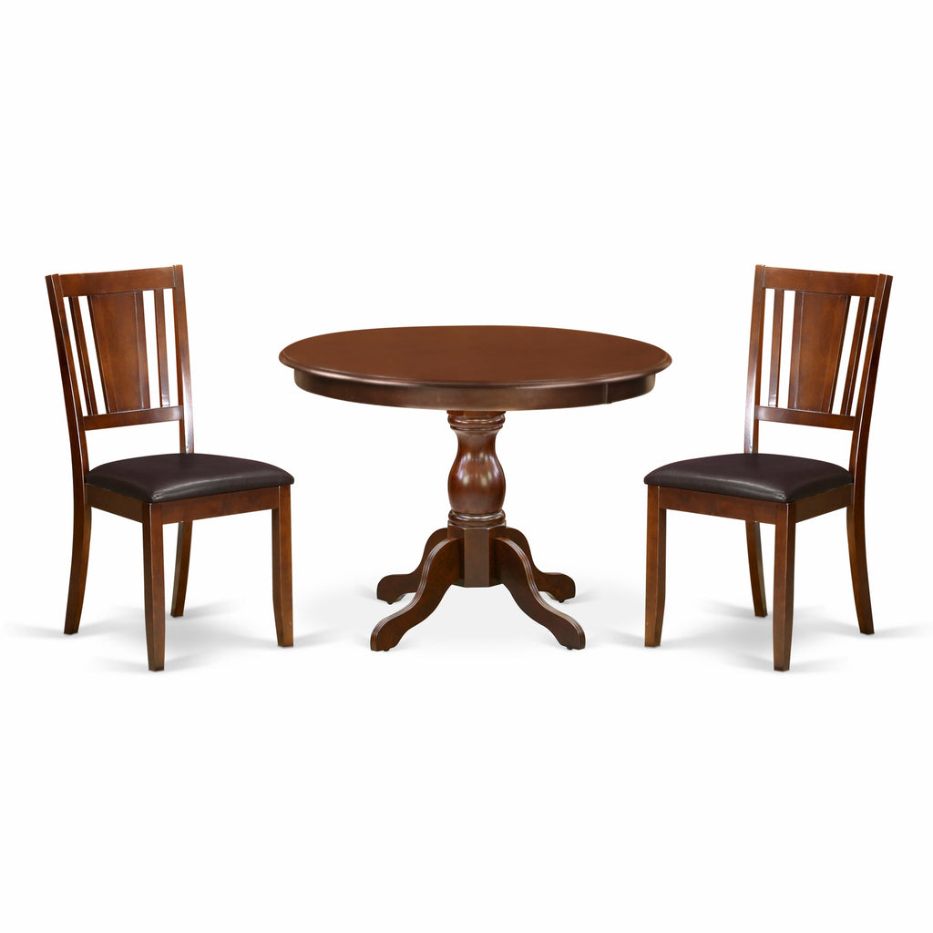 HBDU3-QTT-B - 3-Piece Dining Ensemble with 42 Round Pedestal Table and 2 Linen Upholstered Chairs - Mahogany Finish