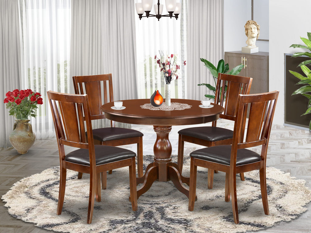 HBDU5-S5V-6 5 Piece Set with Round Wooden Table & Linen Fabric Chairs, Mahogany Finish
