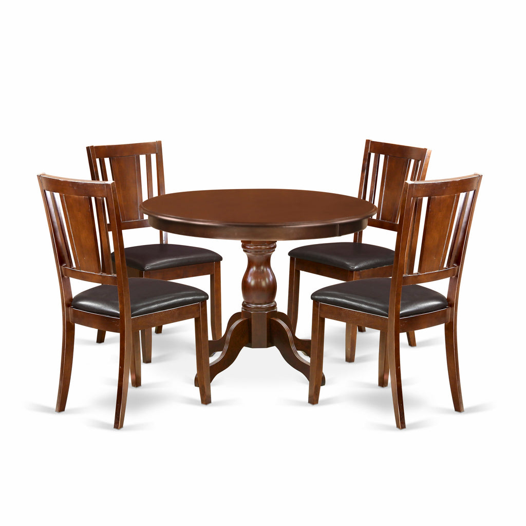 HBDU5-S5V-6 5 Piece Set with Round Wooden Table & Linen Fabric Chairs, Mahogany Finish