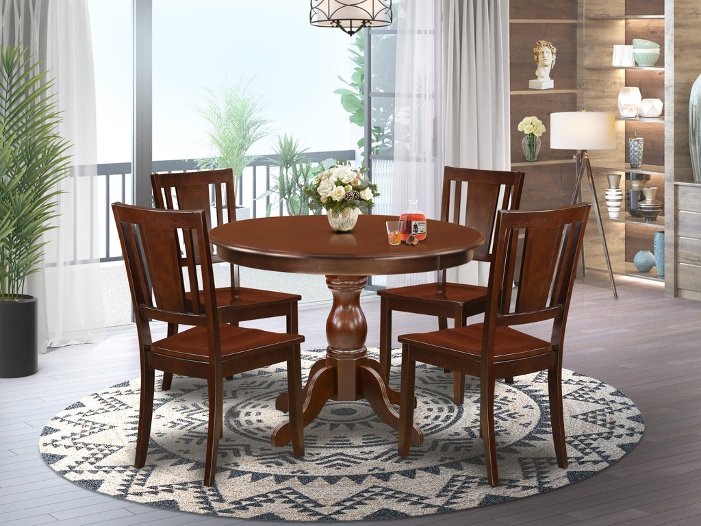HBDU5-J0T-9 Elegant 5-Piece Mahogany Dining Ensemble with Pedestal Table & 4 Chairs, 42 Square