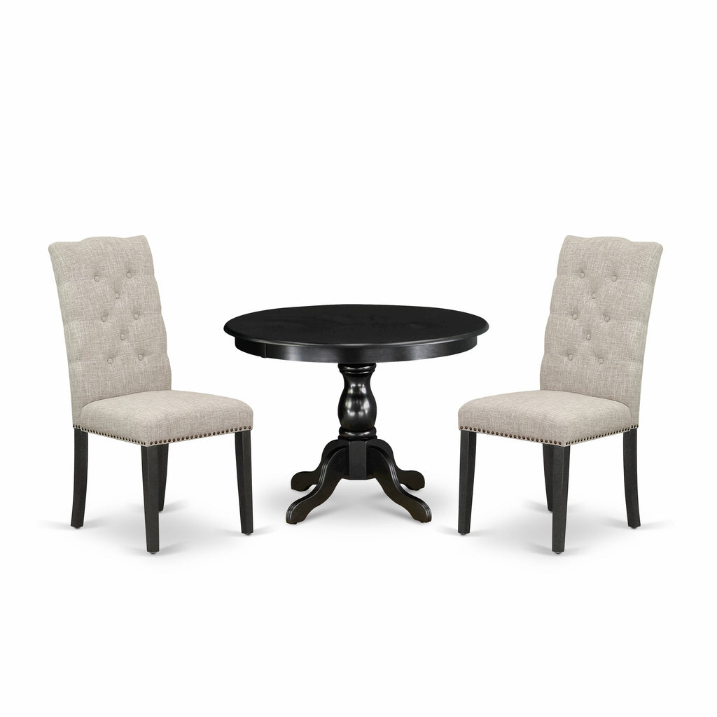 HBEL3-ZST-PZ 3 Piece Dining Set with Round Pedestal Table & Upholstered Chairs - 42 Wirebrushed Style, Doeskin Fabric