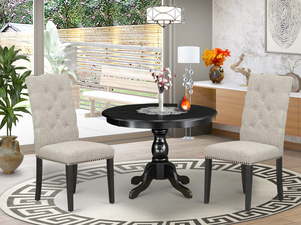 HBEL3-ZST-PZ 3 Piece Dining Set with Round Pedestal Table & Upholstered Chairs - 42 Wirebrushed Style, Doeskin Fabric