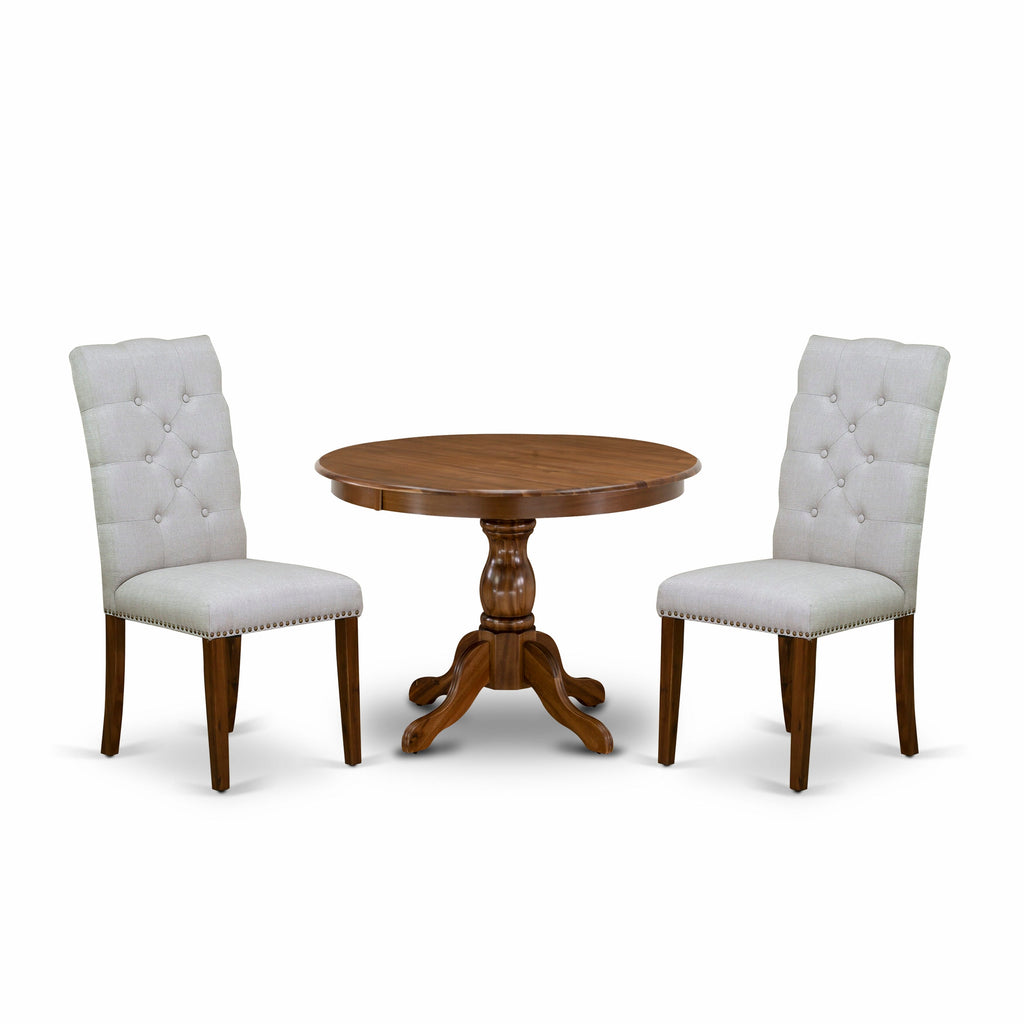 HBEL3-MNU-DT Cozy 3-Piece Dining Set with Pedestal Table and Grey Parson Chairs for Compact Areas, 42 Walnut Style