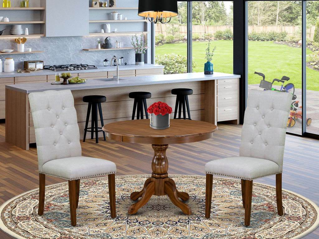 HBEL3-MNU-DT Cozy 3-Piece Dining Set with Pedestal Table and Grey Parson Chairs for Compact Areas, 42 Walnut Style
