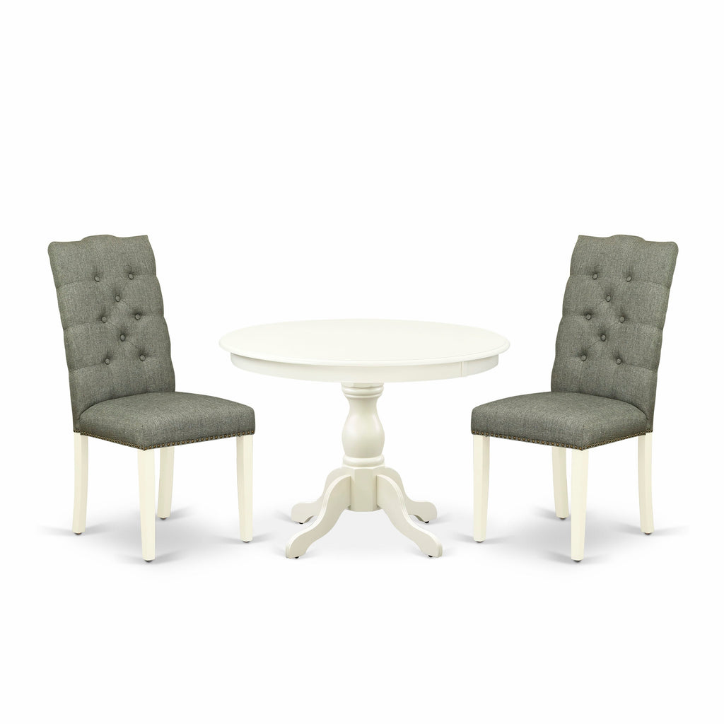 HBEL3-84Q-RF 3 Piece Dining Ensemble with Round Table & 2 Gray Fabric Parson Chairs, 42x42 Inches, Linen White