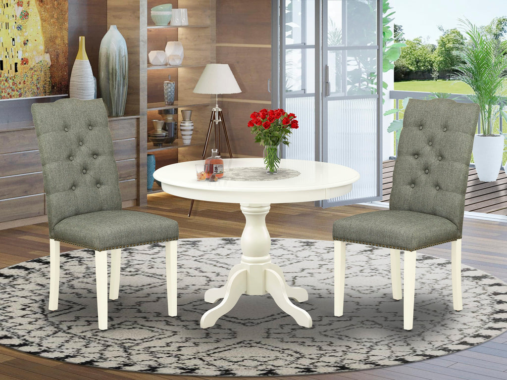 HBEL3-84Q-RF 3 Piece Dining Ensemble with Round Table & 2 Gray Fabric Parson Chairs, 42x42 Inches, Linen White