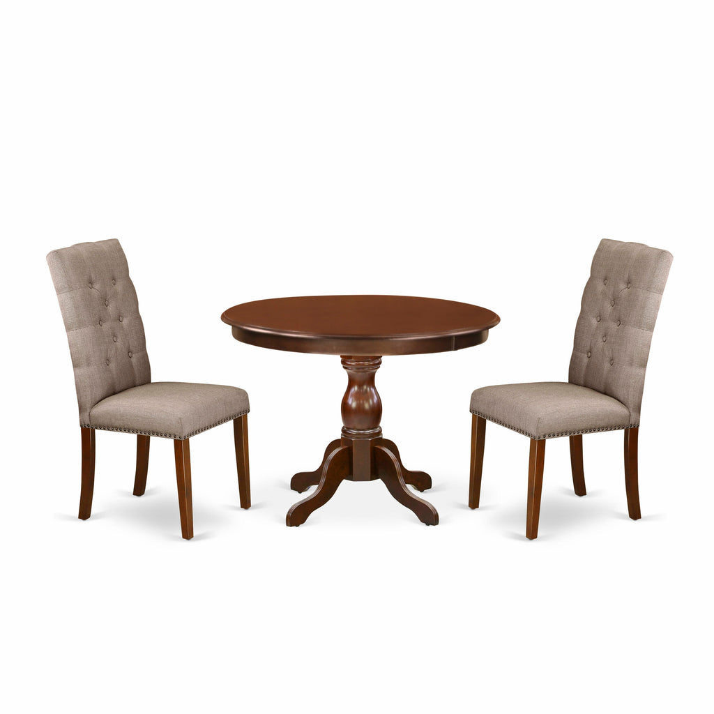 HBEL3-M8H-B1 Elegant 3-Piece Dining Suite Featuring Round Table & Stylish Dark Khaki Chairs, Mahogany Finish