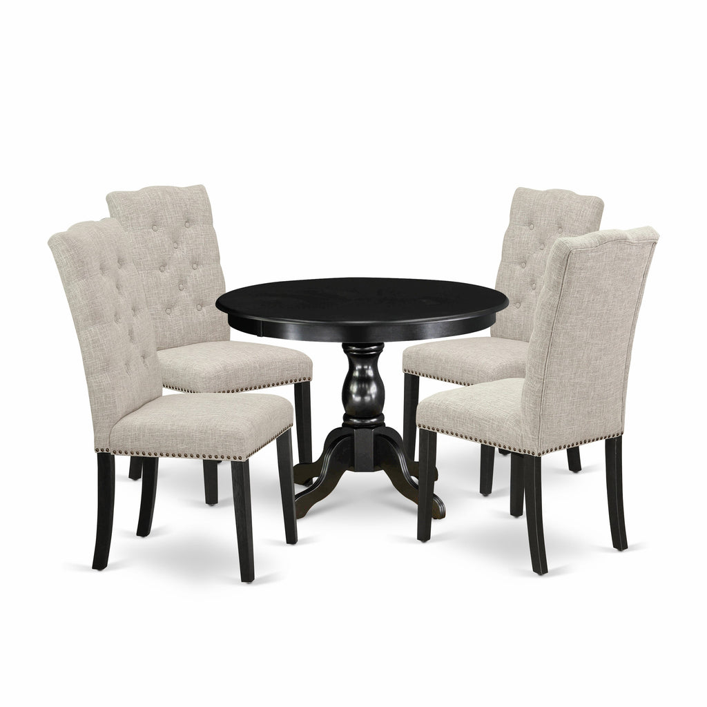 HBEL5-FLU-QP 5-Piece Dining Set Pedestal Table & 4 Upholstered Chairs, 42 Inch Round, Doeskin Fabric, Elegant Charcoal Black