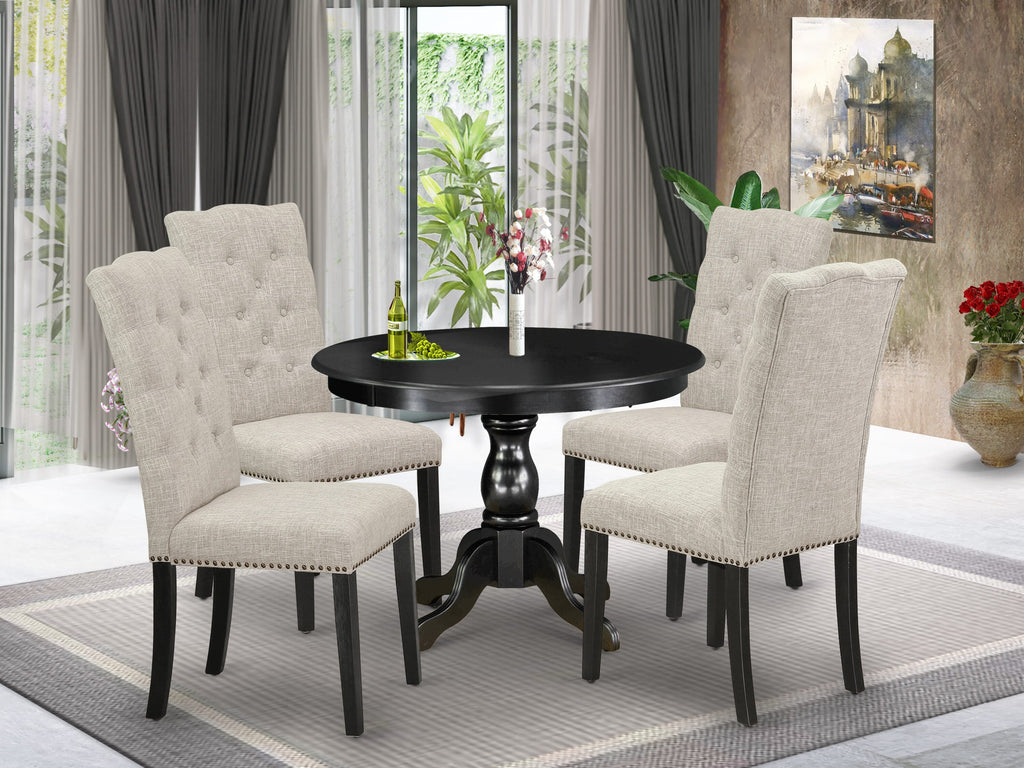 HBEL5-FLU-QP 5-Piece Dining Set Pedestal Table & 4 Upholstered Chairs, 42 Inch Round, Doeskin Fabric, Elegant Charcoal Black