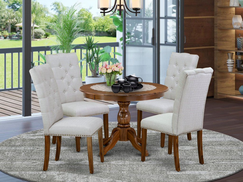 HBEL5-3Z4-OT 5-Piece Set Featuring Pedestal Round Table with Walnut Finish and 4 Cushion Grey Linen Chairs, 42x42 in.