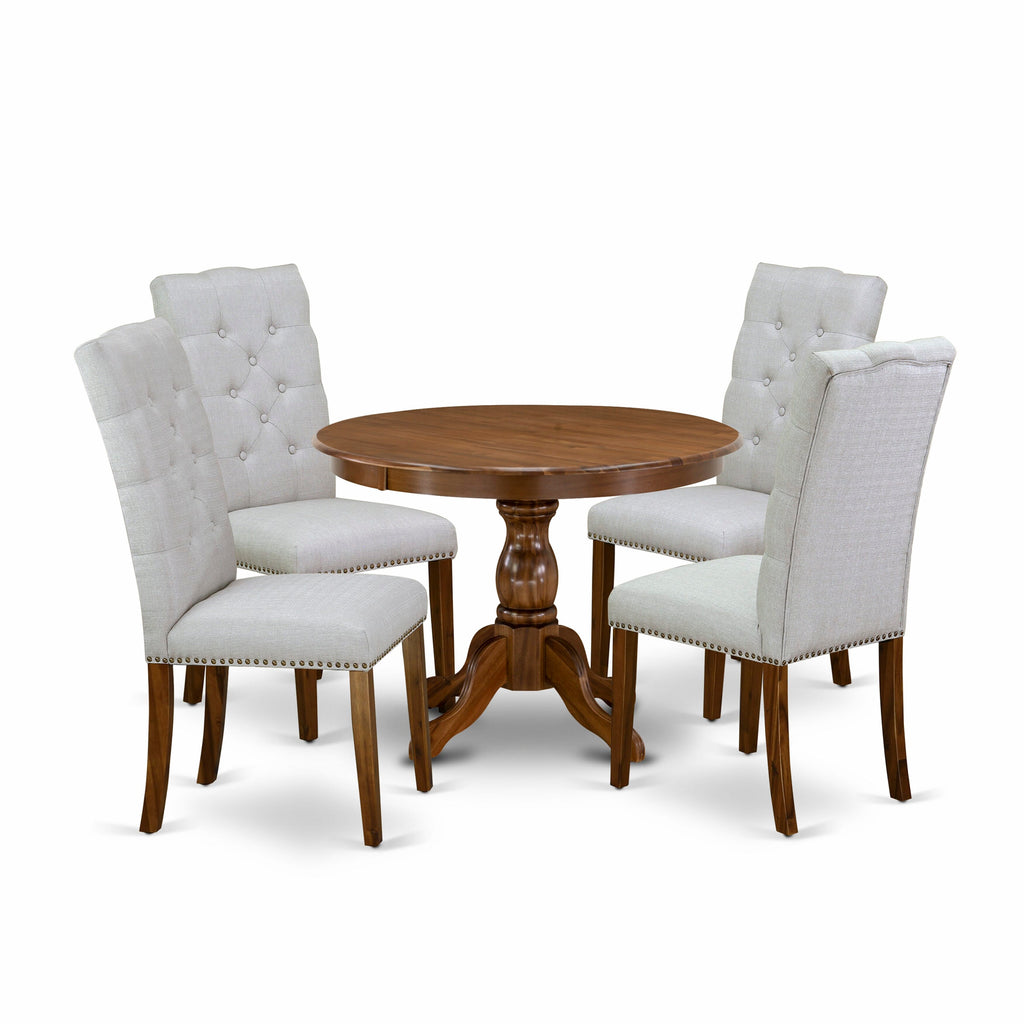 HBEL5-3Z4-OT 5-Piece Set Featuring Pedestal Round Table with Walnut Finish and 4 Cushion Grey Linen Chairs, 42x42 in.