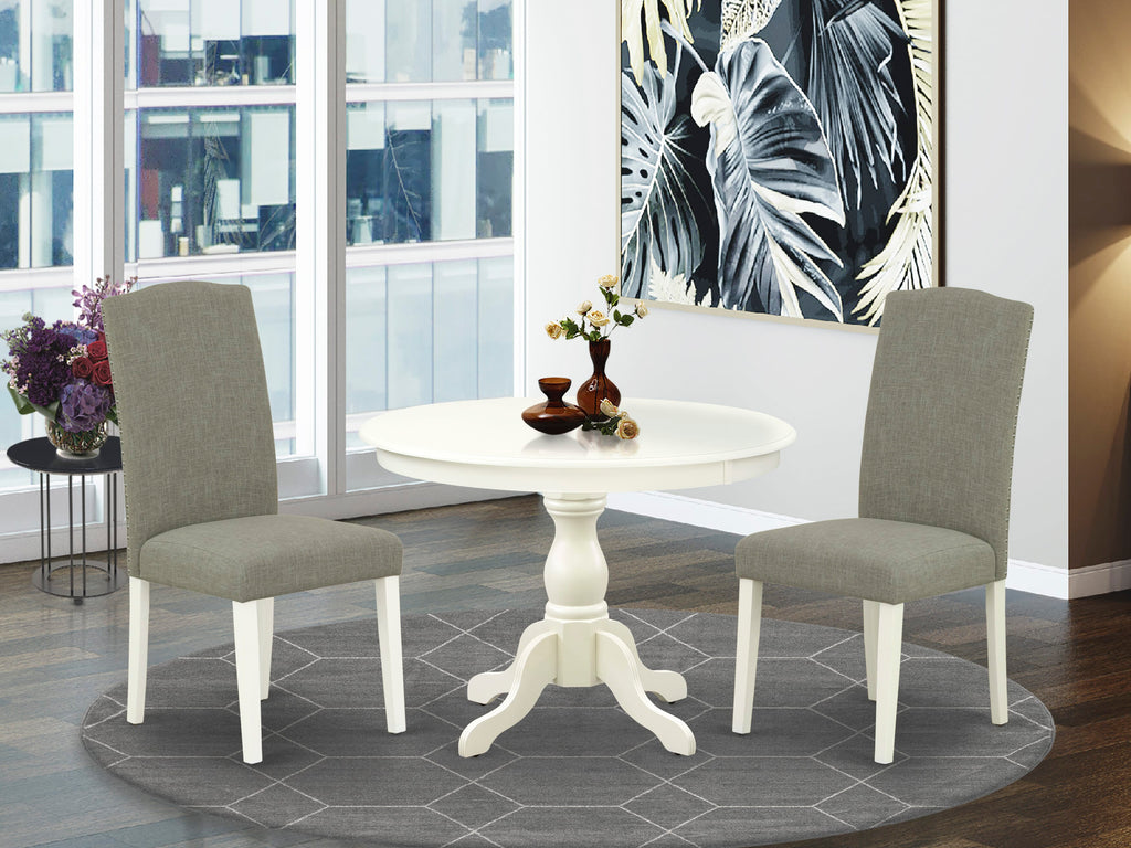 HBEN3-TTD-DD - 3-Piece Dining Set Includes Round Table and 2 Dark Linen Parsons Chairs for Cozy Dining, 42-Inch, White Finish