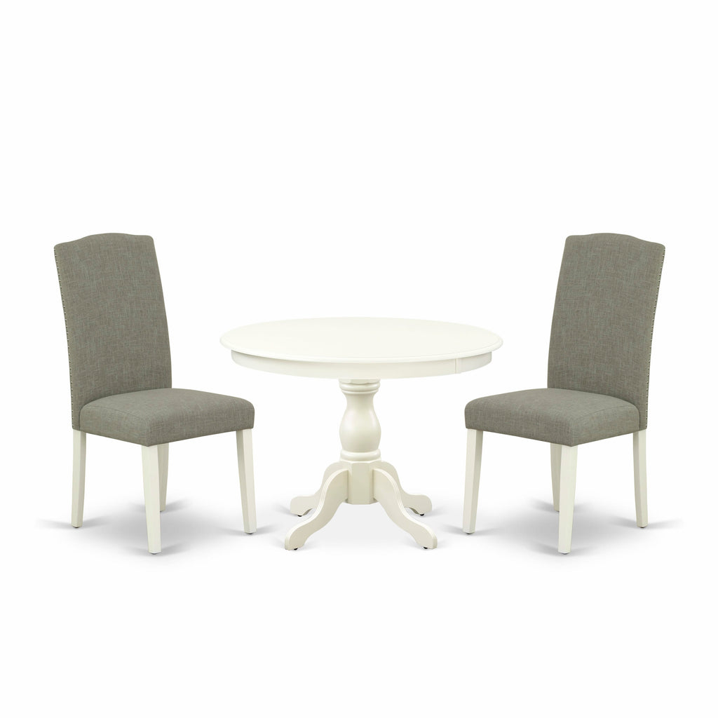 HBEN3-TTD-DD - 3-Piece Dining Set Includes Round Table and 2 Dark Linen Parsons Chairs for Cozy Dining, 42-Inch, White Finish