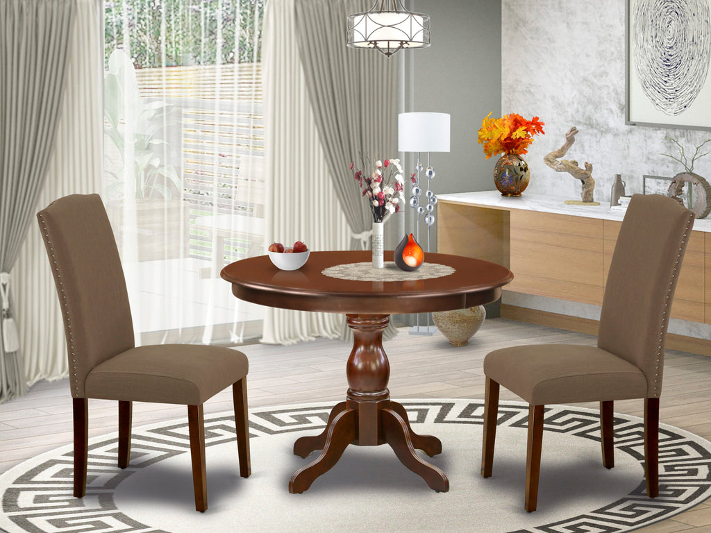 Contemporary HBEN3-YCY-QE Dining Trio Set with Round Table and Linen Coated Duo Chairs, 42 Mahogany Finish