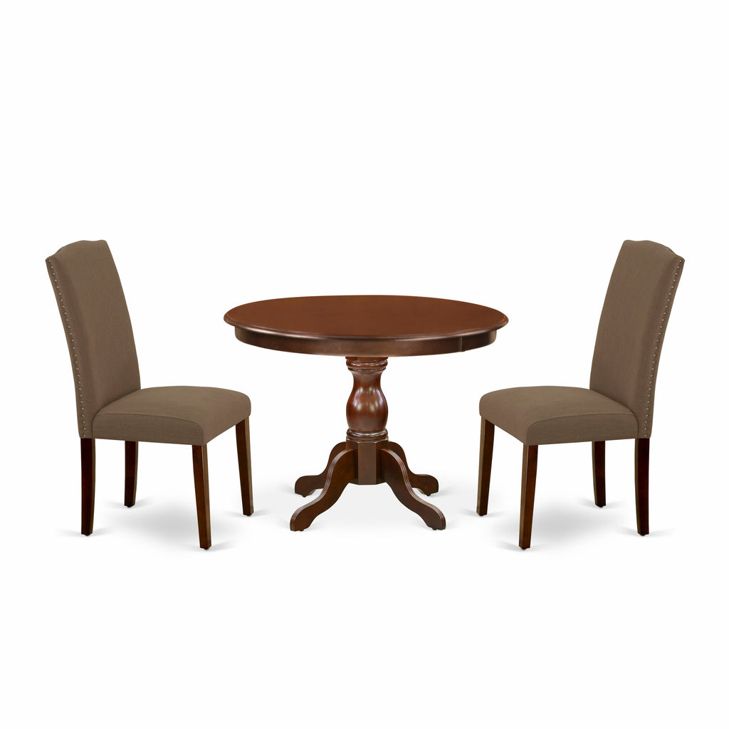 Contemporary HBEN3-YCY-QE Dining Trio Set with Round Table and Linen Coated Duo Chairs, 42 Mahogany Finish