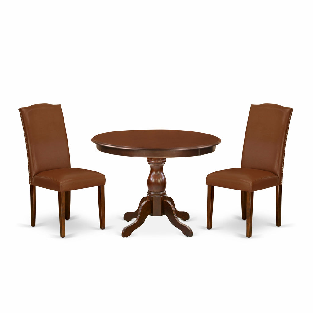 3-Piece Dining Suite HBEN3-0SW-5X Includes Round Table & 2 Faux Leather Brown Parsons Chairs with Pedestal