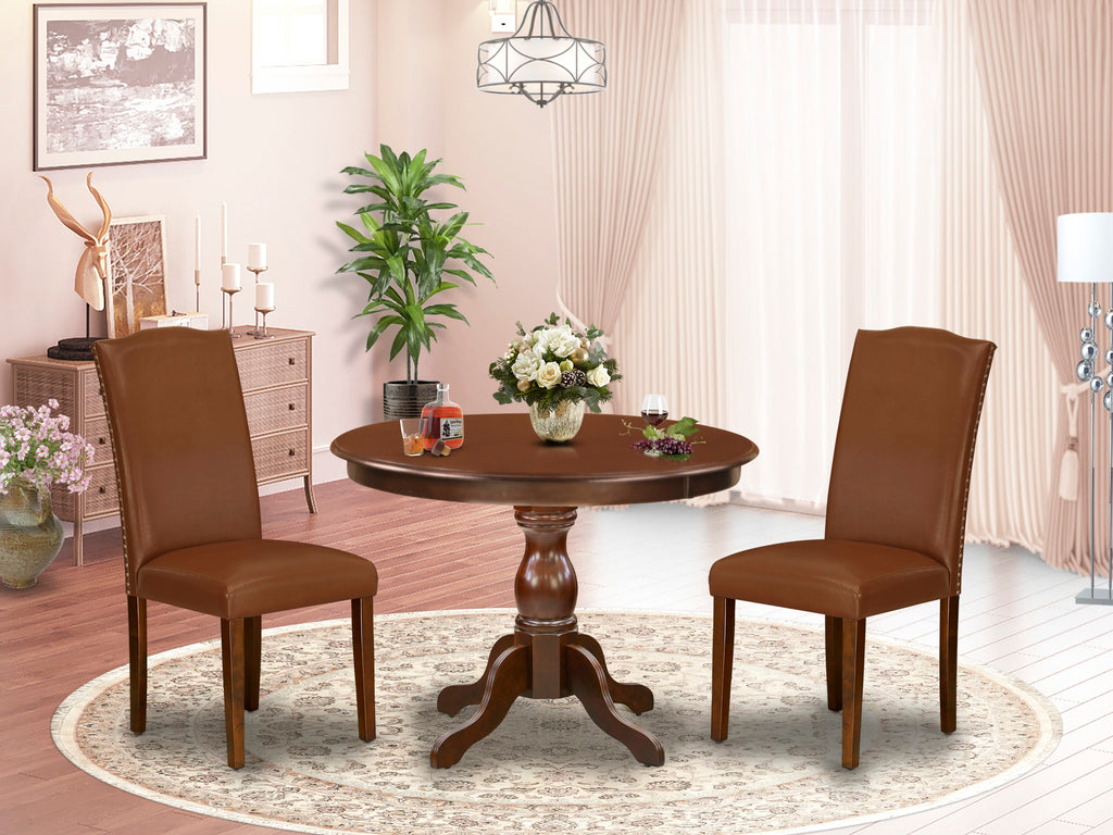 3-Piece Dining Suite HBEN3-0SW-5X Includes Round Table & 2 Faux Leather Brown Parsons Chairs with Pedestal