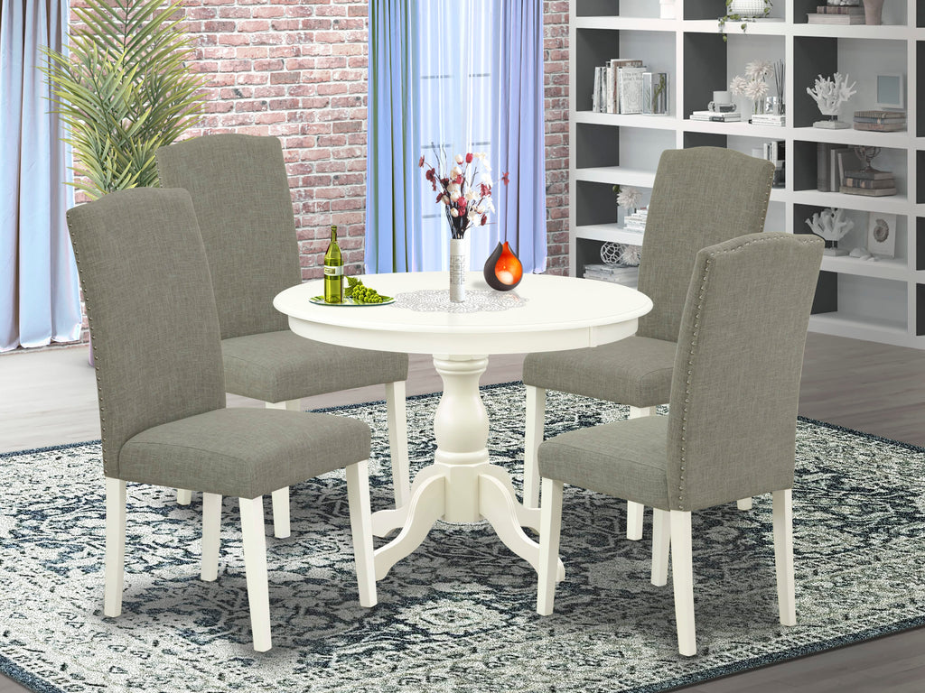 Elegant Dining Set HBEN5-4KJ-O4 Pedestal Table with 4 Chic Dark Shitake Linen Parsons Chairs for Stylish Decor