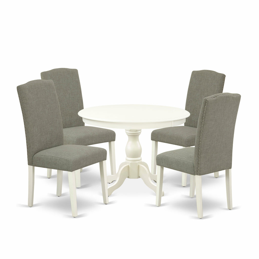 Elegant Dining Set HBEN5-4KJ-O4 Pedestal Table with 4 Chic Dark Shitake Linen Parsons Chairs for Stylish Decor