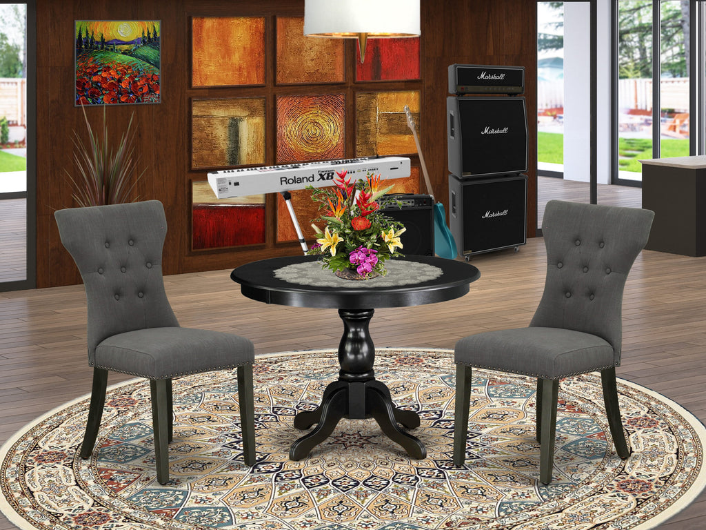 HBGA3-6FW-EQ Elegant Round Dining Set with Pedestal and Upholstered Chairs - Dark Gotham Fabric, 3 Pieces