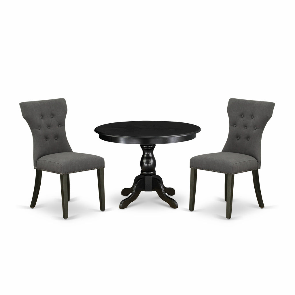 HBGA3-6FW-EQ Elegant Round Dining Set with Pedestal and Upholstered Chairs - Dark Gotham Fabric, 3 Pieces