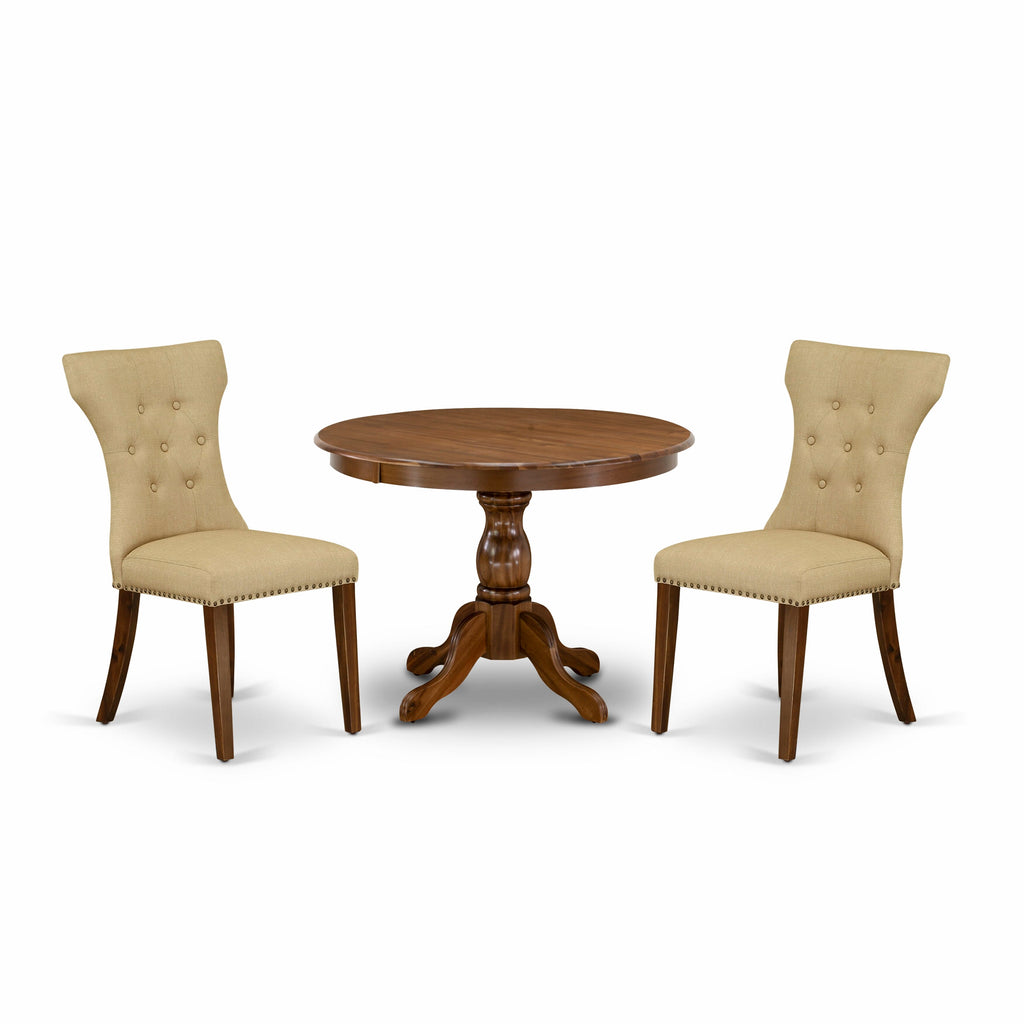 HBGA3-O5S-OF 3-Piece Dining Set Round Table w/ Pedestal & 2 Brown Upholstered Chairs, Walnut Finish