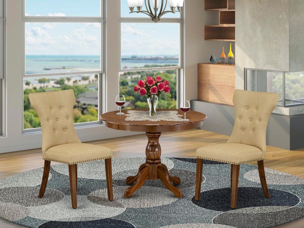 HBGA3-O5S-OF 3-Piece Dining Set Round Table w/ Pedestal & 2 Brown Upholstered Chairs, Walnut Finish