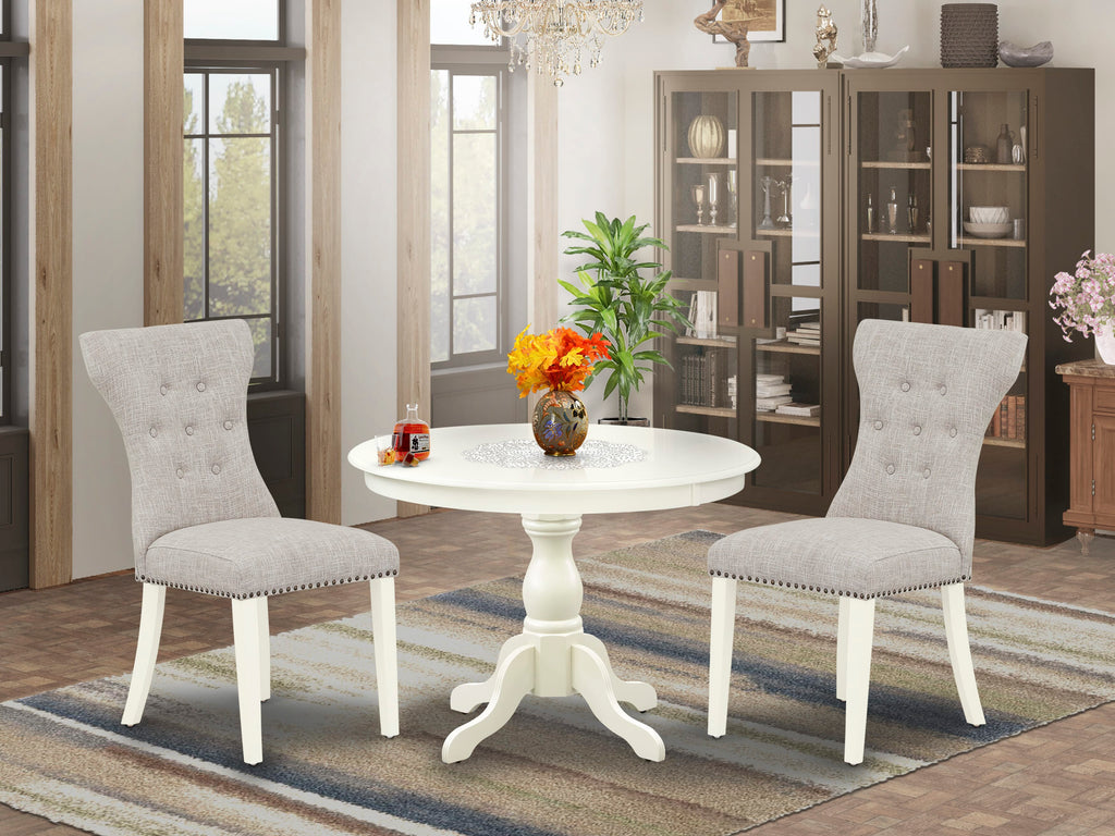 HBGA3-121-AH Elegant 3-Piece Dining Set Round Table & Chic Linen Upholstered Chairs in White