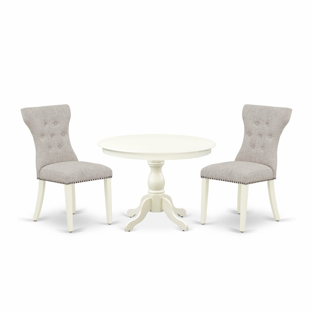 HBGA3-121-AH Elegant 3-Piece Dining Set Round Table & Chic Linen Upholstered Chairs in White