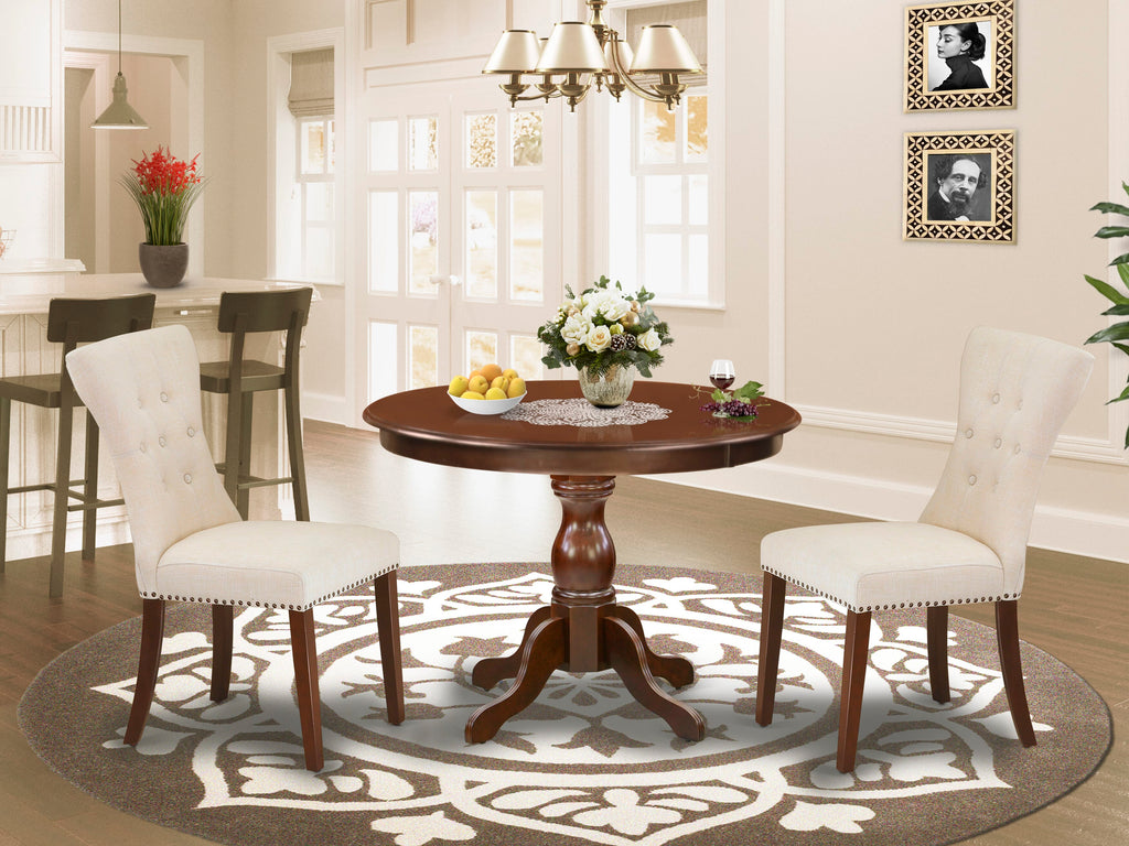 HBGA3-Q5T-HE 3-Piece Dining Set Mahogany Circular Table & 2 Light Beige Upholstered Chairs, 42x42 Inch