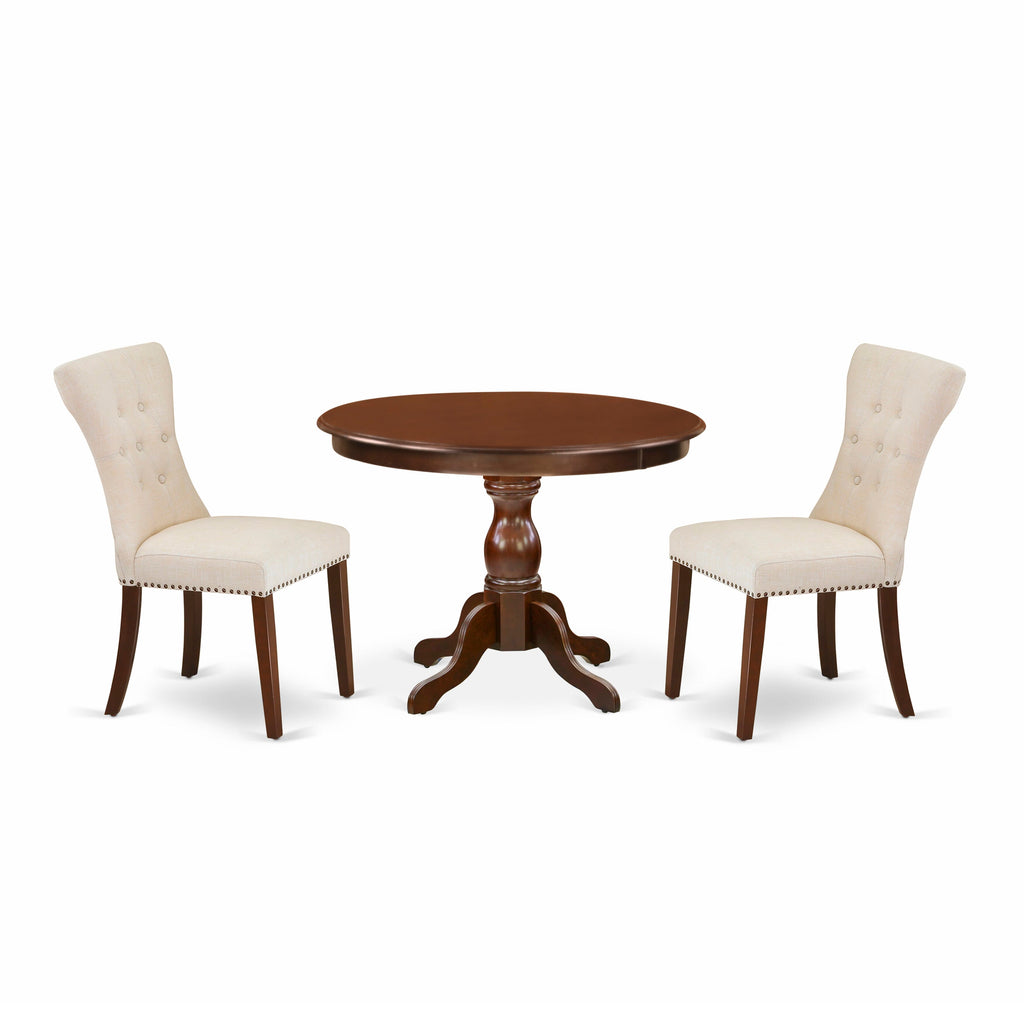 HBGA3-Q5T-HE 3-Piece Dining Set Mahogany Circular Table & 2 Light Beige Upholstered Chairs, 42x42 Inch